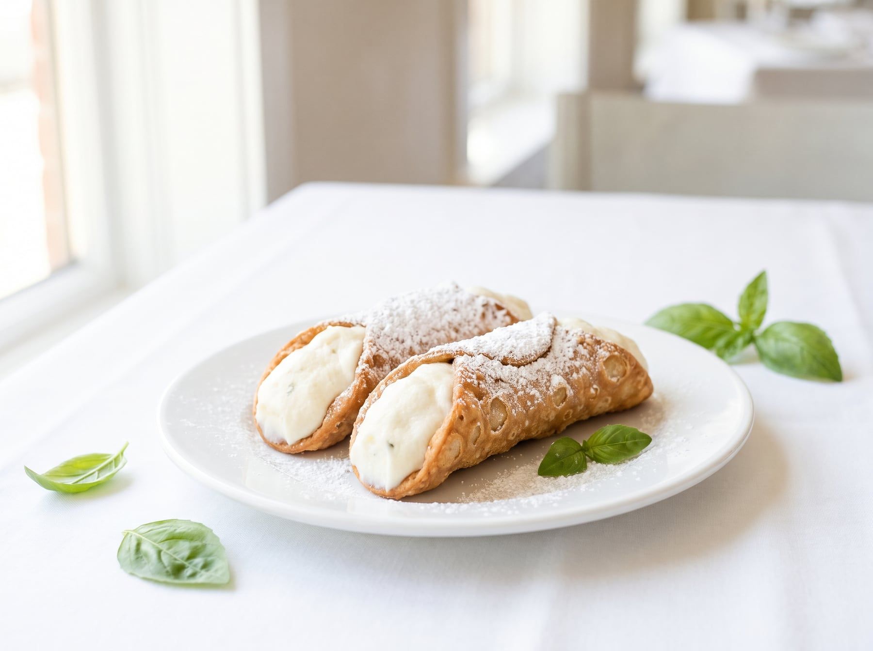 Two cannoli dusted with powdered sugar
