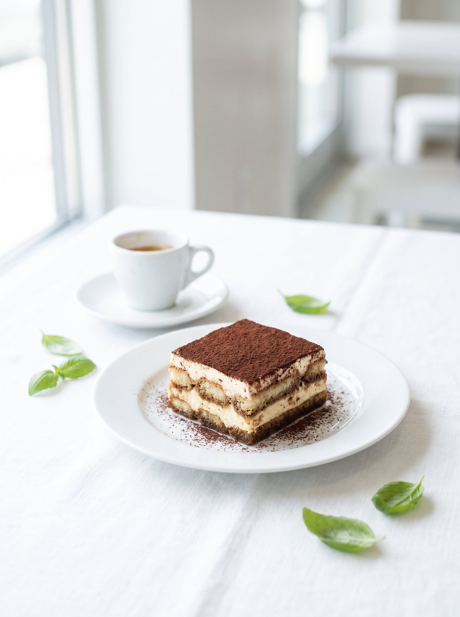 A square of tiramisu dusted with cocoa