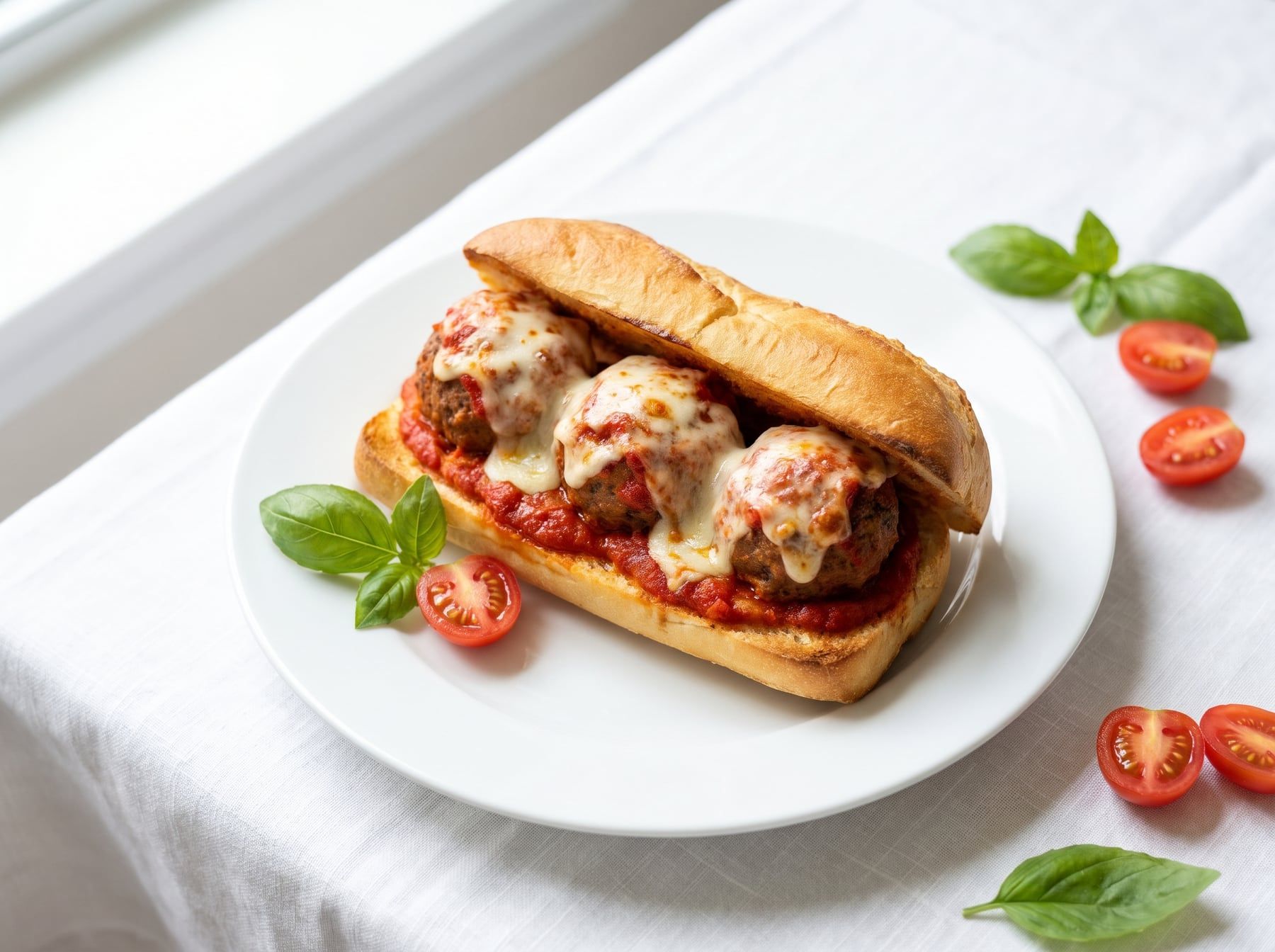 A meatball parmigiana hero on a white plate