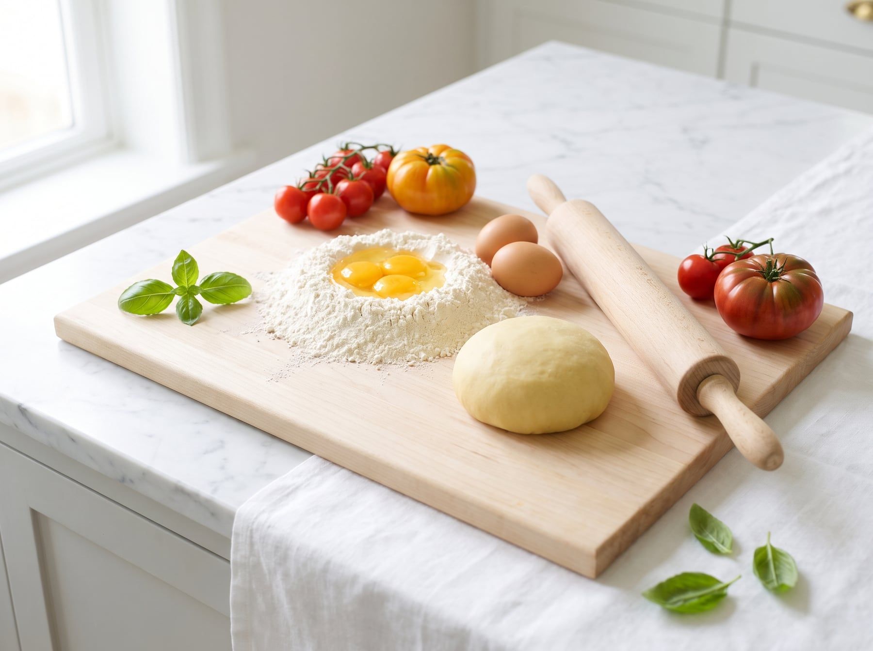 Flour, eggs, a ball of pasta dough and a rolling pin on a wooden board