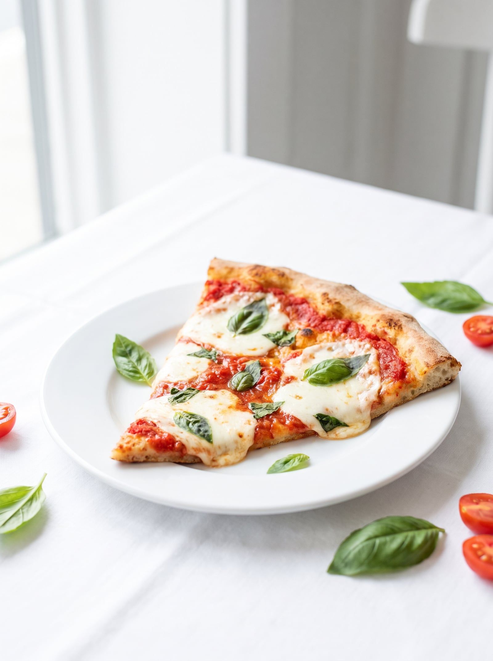 A slice of margherita pizza with basil