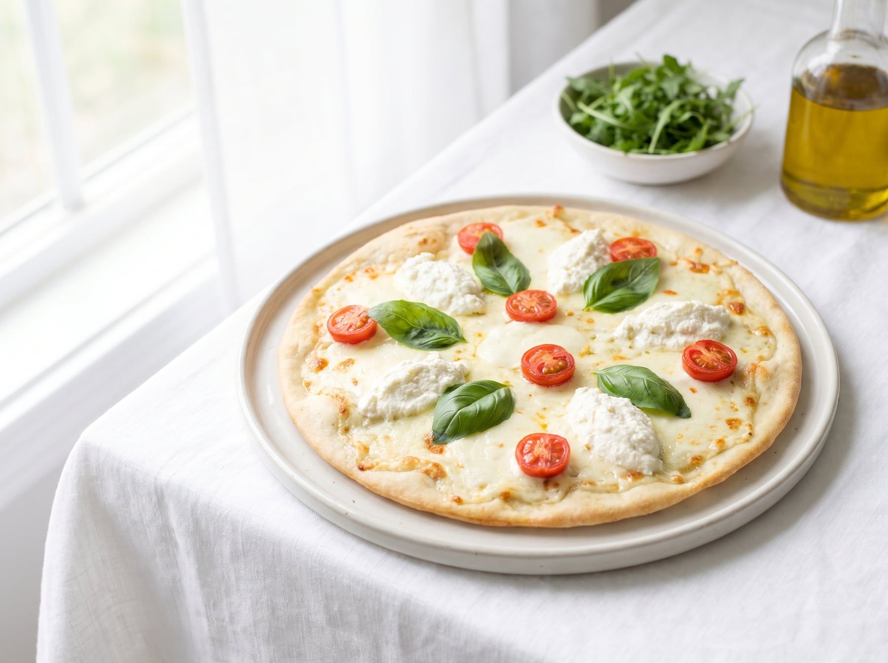A white pizza with ricotta and no tomato sauce