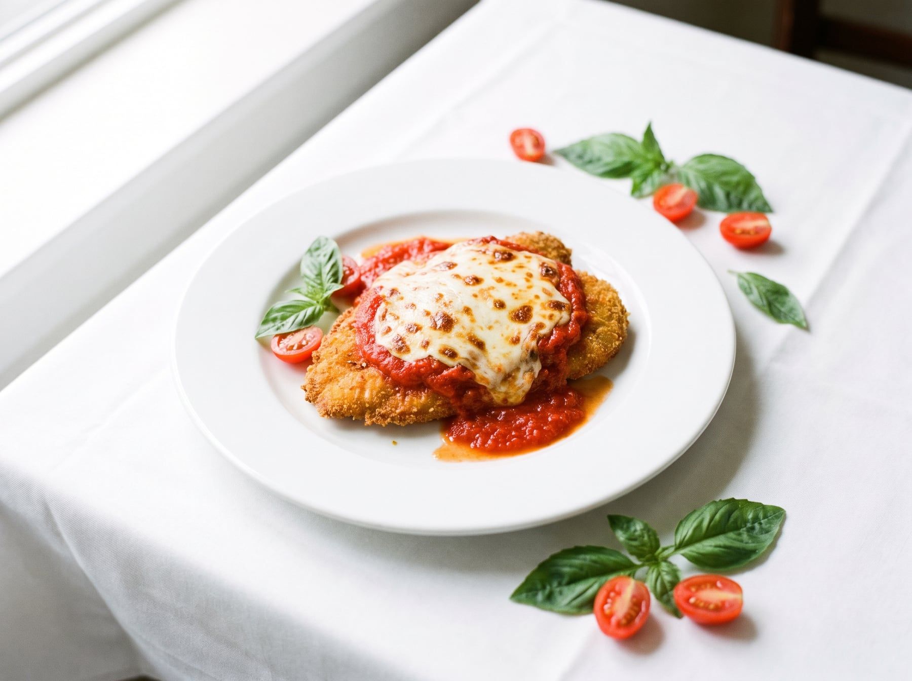 Chicken parmigiana with tomato sauce and melted mozzarella
